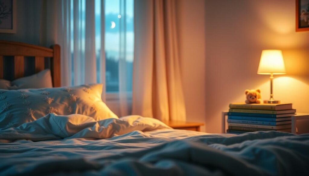 A softly lit bedroom scene, illuminated by warm, dimmed lighting that creates a calming atmosphere. In the foreground, a neatly made bed with fluffy pillows and a cozy blanket, suggesting comfort and relaxation. The middle ground features a bedside table with a small lamp casting a gentle glow, alongside a stack of calming bedtime storybooks. In the background, a window with sheer curtains allows the soft evening light to filter in, slightly illuminating a peaceful night sky. The room is arranged with soothing colors—soft blues and warm neutrals—enhancing the tranquil ambiance. The overall mood is serene and inviting, ideal for promoting relaxation and sleep. The image captures the essence of a peaceful evening ritual, helping children wind down.