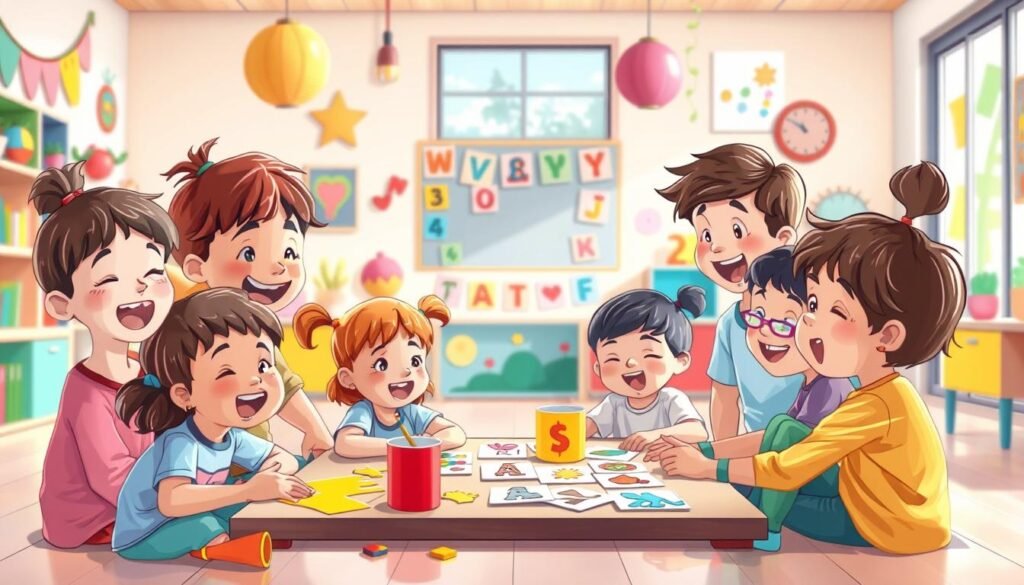 A vibrant and engaging illustration depicting children's emotions in a playful learning environment. In the foreground, a diverse group of children aged 4-8, joyfully express different emotions like happiness, anger, and surprise through playful activities, such as painting and role-playing. The middle scene shows colorful, interactive emotion cards scattered around, helping children identify and discuss feelings. The background features a whimsical classroom setting filled with bright colors, playful decor, and soft natural lighting filtering through large windows, creating an inviting and warm atmosphere. Capture a sense of joy and curiosity, emphasizing emotional growth through play. Use a soft focus lens to create a dreamlike quality that enhances the warmth and positivity of the scene. A vibrant and engaging illustration depicting children's emotions in a playful learning environment. In the foreground, a diverse group of children aged 4-8, joyfully express different emotions like happiness, anger, and surprise through playful activities, such as painting and role-playing. The middle scene shows colorful, interactive emotion cards scattered around, helping children identify and discuss feelings. The background features a whimsical classroom setting filled with bright colors, playful decor, and soft natural lighting filtering through large windows, creating an inviting and warm atmosphere. Capture a sense of joy and curiosity, emphasizing emotional growth through play. Use a soft focus lens to create a dreamlike quality that enhances the warmth and positivity of the scene.