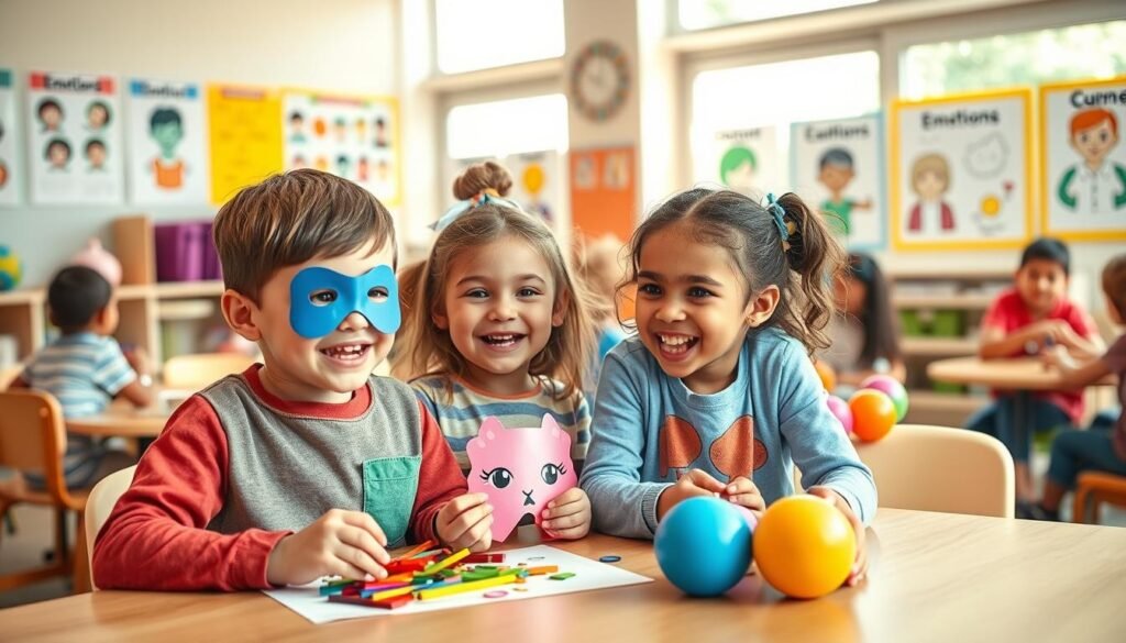A vibrant and engaging scene depicting children in a playful and educational environment, focused on learning to manage anger through fun activities. In the foreground, two children, a boy and a girl, are joyfully engaging in a craft project, using colorful materials to create emotions masks. Their expressions are animated and curious, reflecting excitement. The middle ground includes a diverse group of children gathered around a table, participating in games that promote emotional awareness, like tossing stress balls. In the background, a bright, cheerful classroom filled with educational posters about emotions and calming techniques enhances the mood. Soft, warm lighting filters through large windows, creating an inviting atmosphere. The composition captures a moment of connection and learning, emphasizing the importance of emotional intelligence through play. A vibrant and engaging scene depicting children in a playful and educational environment, focused on learning to manage anger through fun activities. In the foreground, two children, a boy and a girl, are joyfully engaging in a craft project, using colorful materials to create emotions masks. Their expressions are animated and curious, reflecting excitement. The middle ground includes a diverse group of children gathered around a table, participating in games that promote emotional awareness, like tossing stress balls. In the background, a bright, cheerful classroom filled with educational posters about emotions and calming techniques enhances the mood. Soft, warm lighting filters through large windows, creating an inviting atmosphere. The composition captures a moment of connection and learning, emphasizing the importance of emotional intelligence through play.