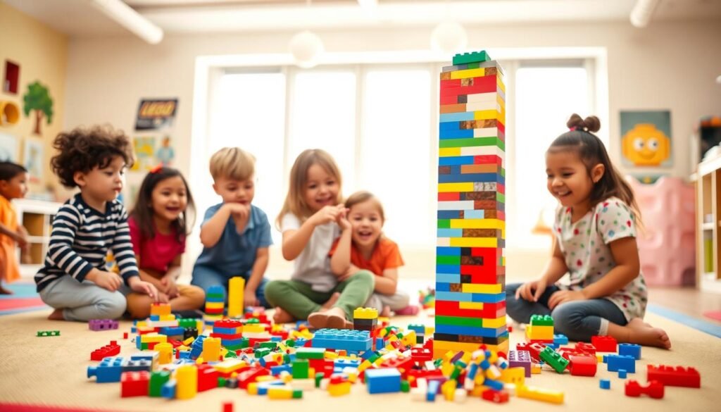 A vibrant scene depicting a diverse group of children aged 4 to 10, joyfully engaged in playing with colorful LEGO bricks on a spacious play mat. In the foreground, two children are collaborating to build a tall tower, their expressions filled with excitement and concentration. The middle ground showcases several smaller builds and scattered bricks, reflecting creativity and teamwork. In the background, a bright and inviting room filled with natural light from large windows, adorned with playful wall art featuring LEGO themes. The atmosphere is cheerful and lively, capturing the joy of learning through play. Soft focus on the background enhances the sense of action in the foreground, with a slight upward angle to emphasize the towering LEGO structure.